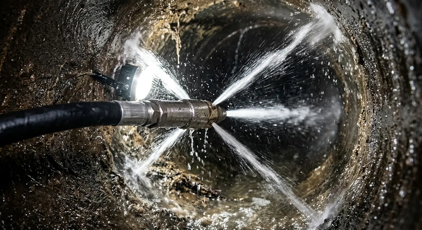 High-pressure hydro jetting nozzle cleaning sewer pipe for Trenchless Sewer Repair in La Porte