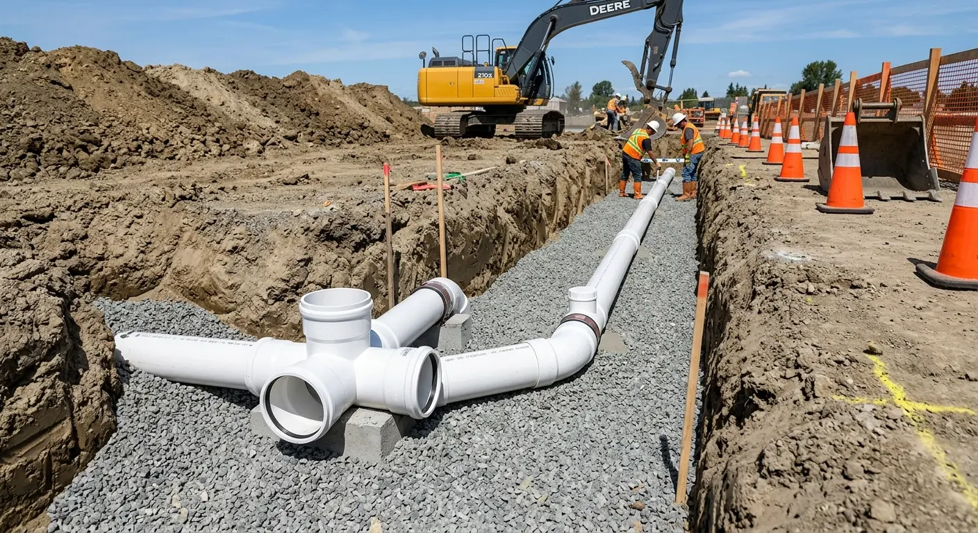 New PVC sewer pipe installation in open trench for Grease Trap Cleaning in La Porte