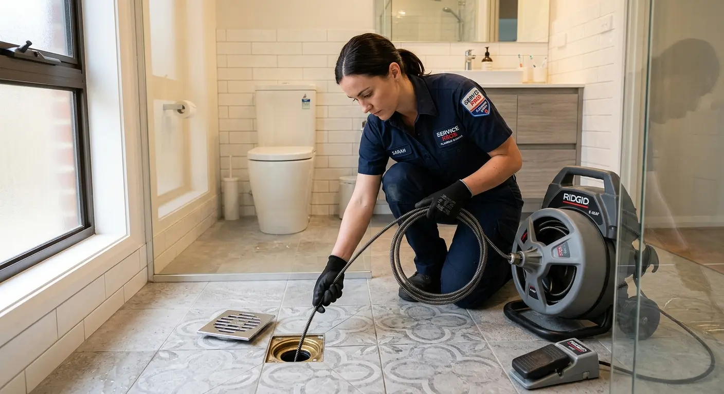 Technician clearing a bathroom floor drain for Drain Repair in La Porte